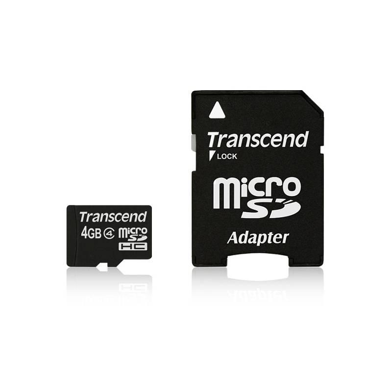 Paměťová karta Transcend MicroSDHC 4GB Class4 + adapter (TS4GUSDHC4) černá, paměťová, karta, transcend, microsdhc, 4gb, class4, adapter, ts4gusdhc4