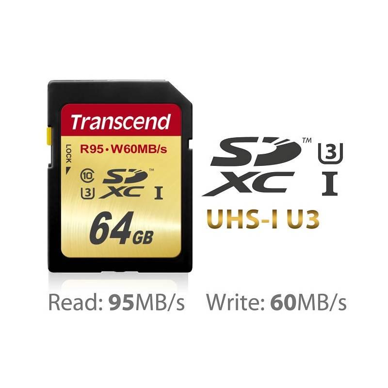 Paměťová karta Transcend SDXC Ultimate 64GB Class 10 UHS-1 U3 (TS64GSDU3), paměťová, karta, transcend, sdxc, ultimate, 64gb, class, uhs-1, ts64gsdu3